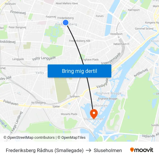 Frederiksberg Rådhus (Smallegade) to Sluseholmen map