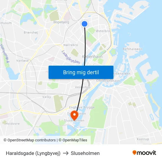 Haraldsgade (Lyngbyvej) to Sluseholmen map