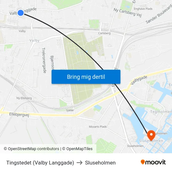 Tingstedet (Valby Langgade) to Sluseholmen map