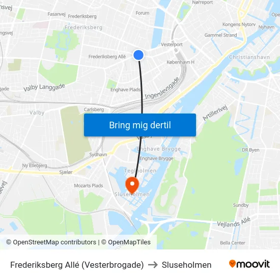 Frederiksberg Allé (Vesterbrogade) to Sluseholmen map