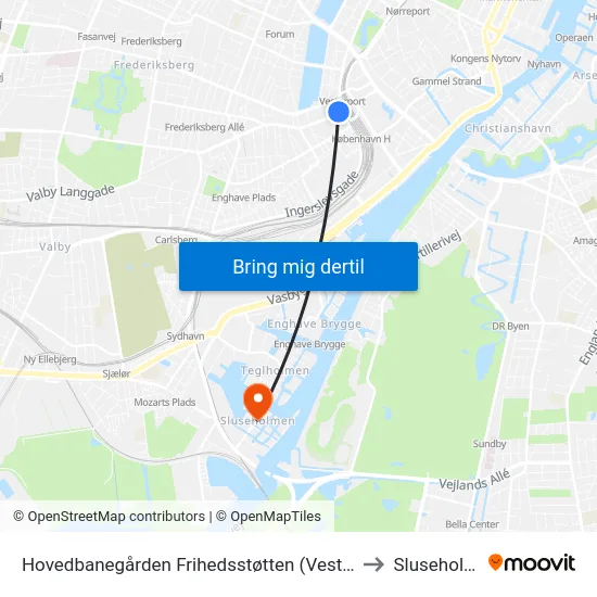 Hovedbanegården Frihedsstøtten (Vesterbrogade) to Sluseholmen map