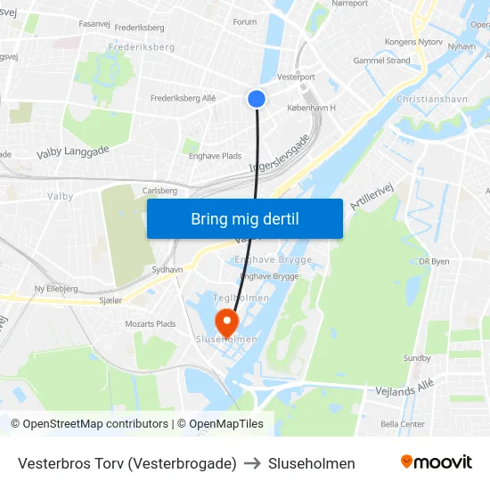 Vesterbros Torv (Vesterbrogade) to Sluseholmen map