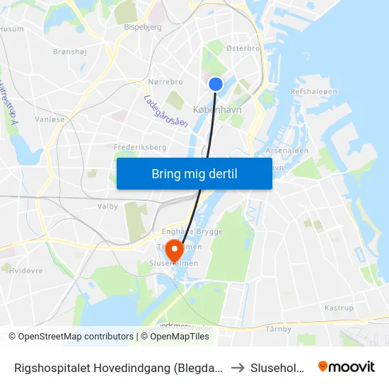 Rigshospitalet Hovedindgang (Blegdamsvej) to Sluseholmen map