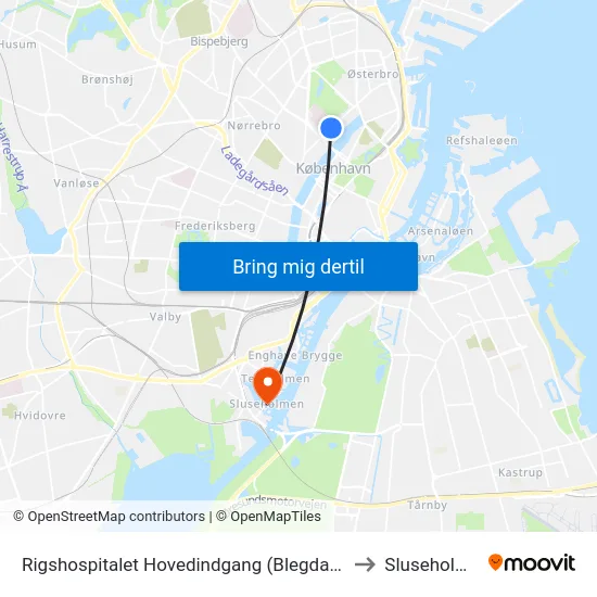 Rigshospitalet Hovedindgang (Blegdamsvej) to Sluseholmen map