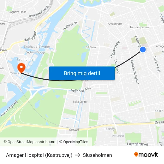 Amager Hospital (Kastrupvej) to Sluseholmen map