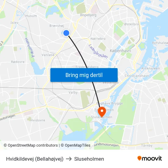 Hvidkildevej (Bellahøjvej) to Sluseholmen map
