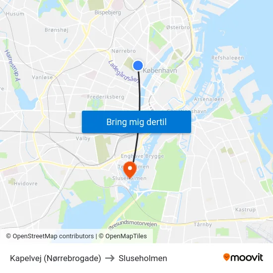 Kapelvej (Nørrebrogade) to Sluseholmen map