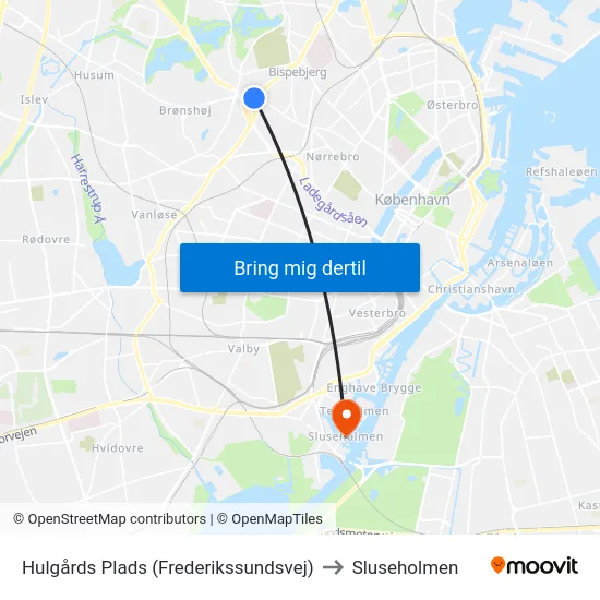 Hulgårds Plads (Frederikssundsvej) to Sluseholmen map