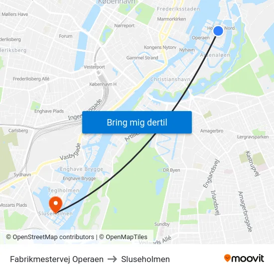 Fabrikmestervej Operaen to Sluseholmen map