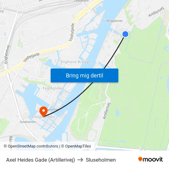 Axel Heides Gade (Artillerivej) to Sluseholmen map