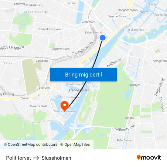 Polititorvet to Sluseholmen map