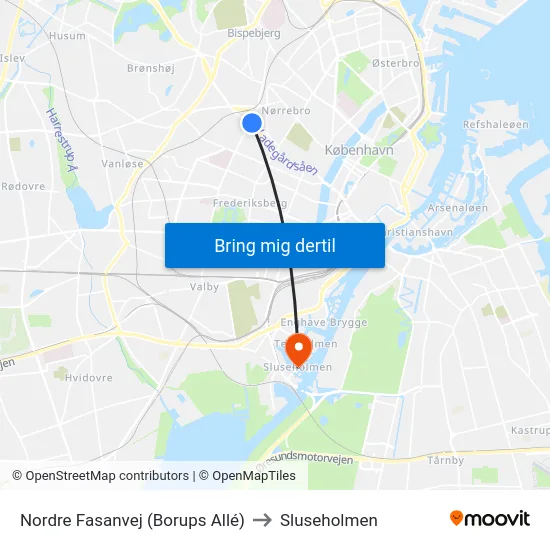 Nordre Fasanvej (Borups Allé) to Sluseholmen map