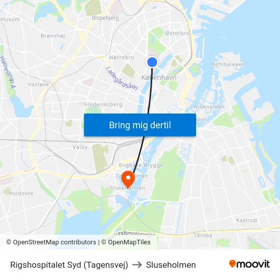 Rigshospitalet Syd (Tagensvej) to Sluseholmen map
