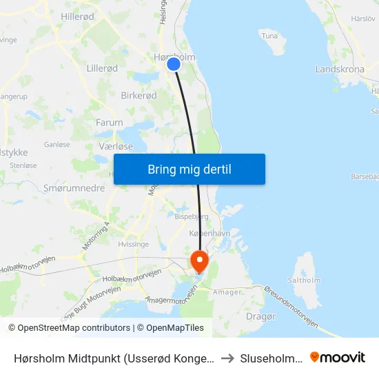 Hørsholm Midtpunkt (Usserød Kongevej) to Sluseholmen map