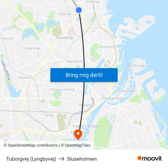 Tuborgvej (Lyngbyvej) to Sluseholmen map
