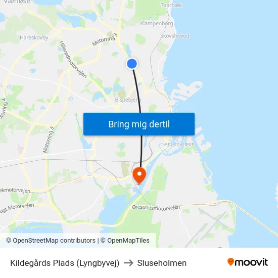 Kildegårds Plads (Lyngbyvej) to Sluseholmen map