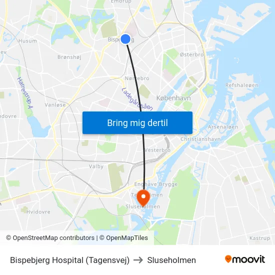 Bispebjerg Hospital (Tagensvej) to Sluseholmen map