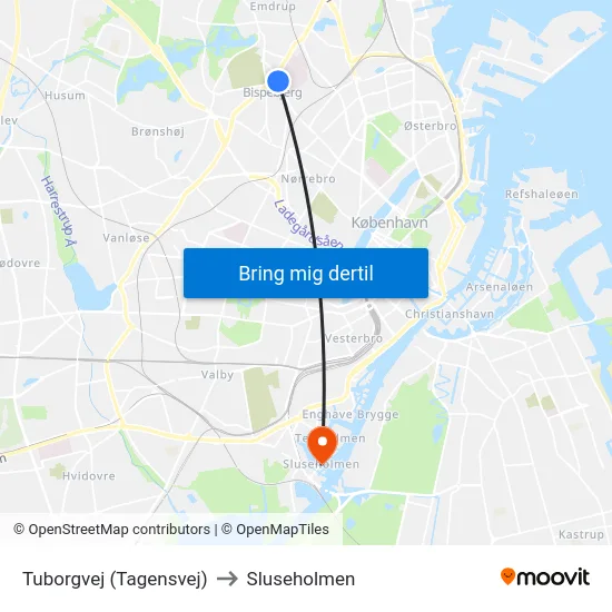 Tuborgvej (Tagensvej) to Sluseholmen map