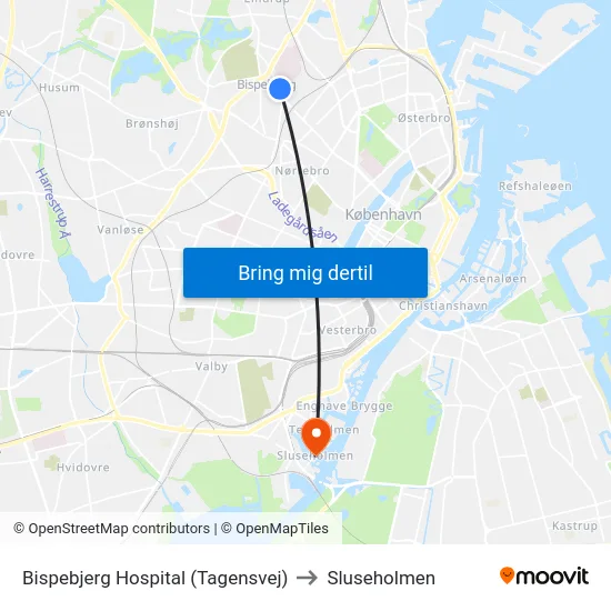 Bispebjerg Hospital (Tagensvej) to Sluseholmen map