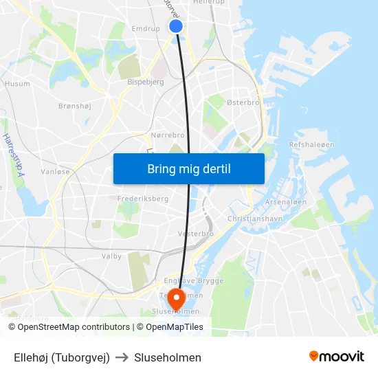 Ellehøj (Tuborgvej) to Sluseholmen map