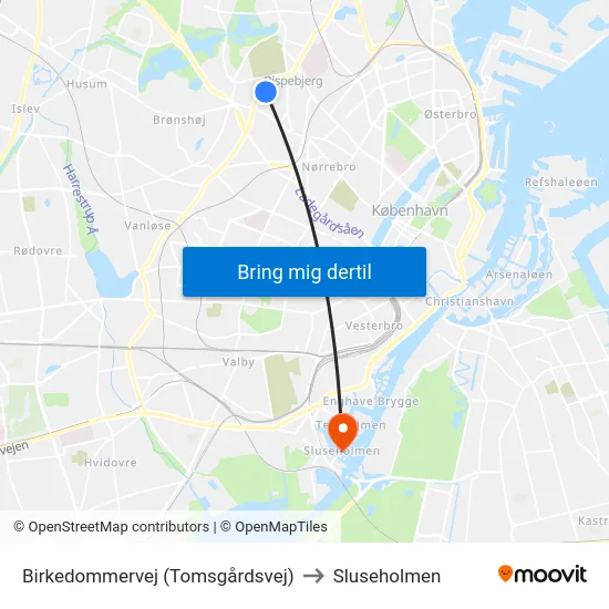 Birkedommervej (Tomsgårdsvej) to Sluseholmen map
