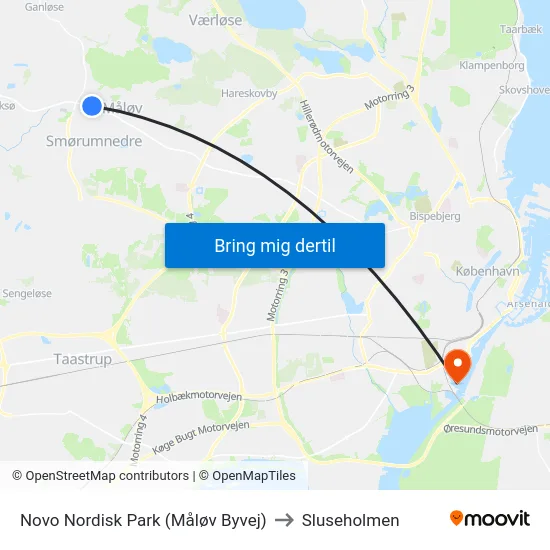 Novo Nordisk Park (Måløv Byvej) to Sluseholmen map