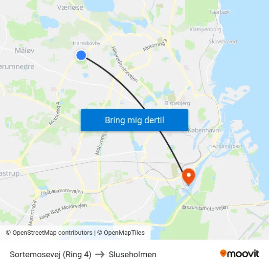 Sortemosevej (Ring 4) to Sluseholmen map