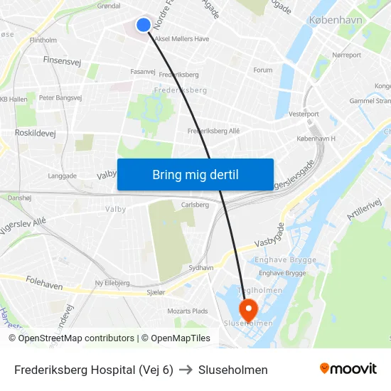 Frederiksberg Hospital (Vej 6) to Sluseholmen map