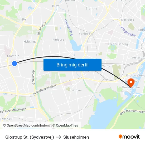 Glostrup St. (Sydvestvej) to Sluseholmen map