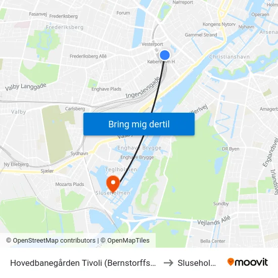 Hovedbanegården Tivoli (Bernstorffsgade) to Sluseholmen map