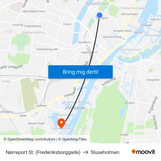 Nørreport St. (Frederiksborggade) to Sluseholmen map