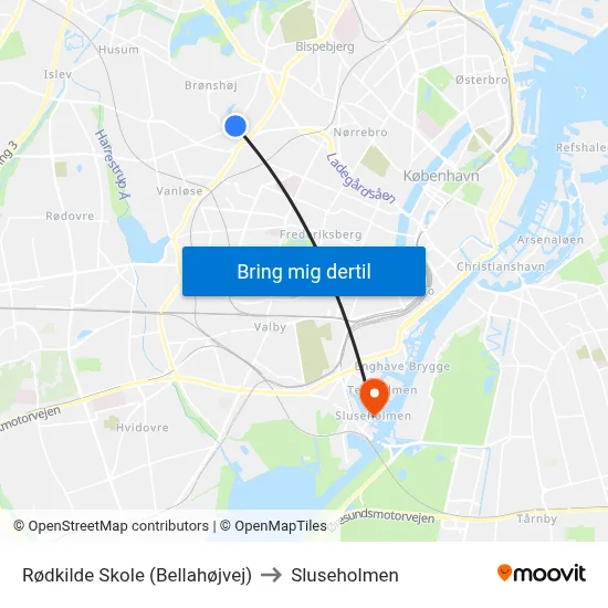 Rødkilde Skole (Bellahøjvej) to Sluseholmen map
