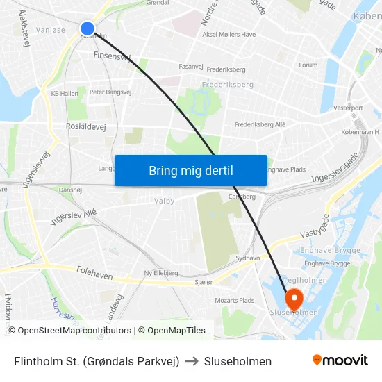 Flintholm St. (Grøndals Parkvej) to Sluseholmen map