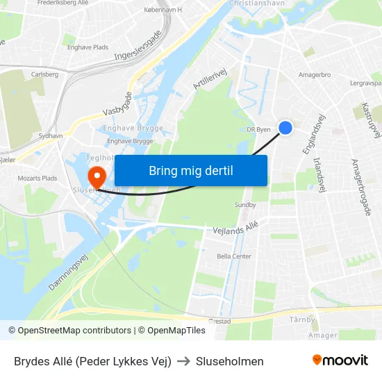 Brydes Allé (Peder Lykkes Vej) to Sluseholmen map