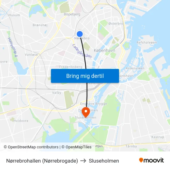 Nørrebrohallen (Nørrebrogade) to Sluseholmen map
