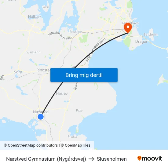 Næstved Gymnasium (Nygårdsvej) to Sluseholmen map