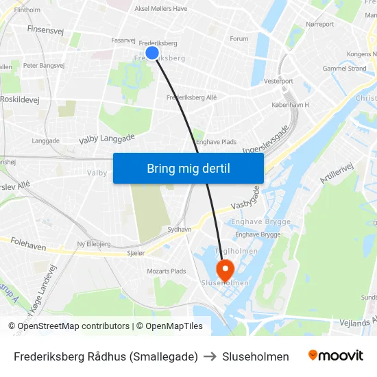 Frederiksberg Rådhus (Smallegade) to Sluseholmen map