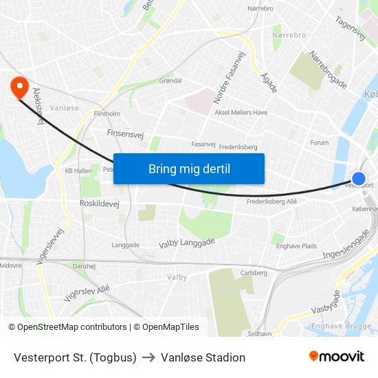 Vesterport St. (Togbus) to Vanløse Stadion map