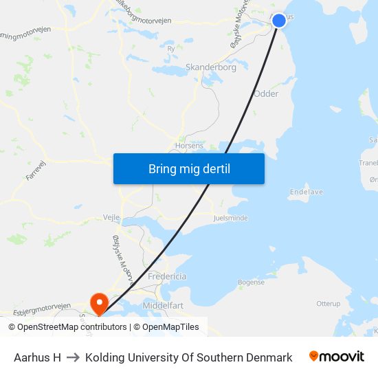 Aarhus H to Kolding University Of Southern Denmark map