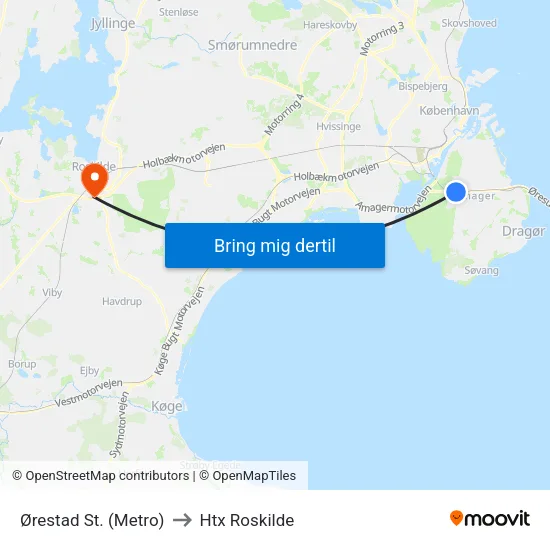 Ørestad St. (Metro) to Htx Roskilde map
