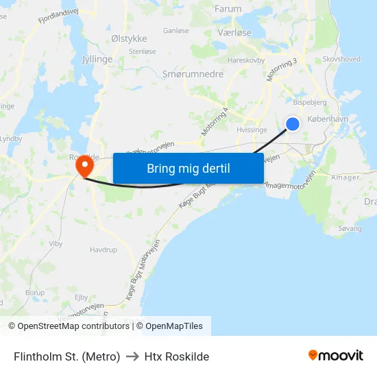 Flintholm St. (Metro) to Htx Roskilde map