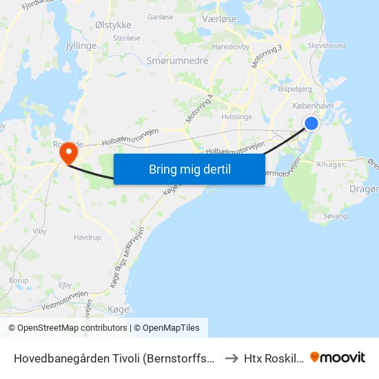 Hovedbanegården Tivoli (Bernstorffsgade) to Htx Roskilde map