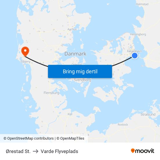 Ørestad St. to Varde Flyveplads map