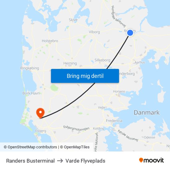 Randers Busterminal to Varde Flyveplads map