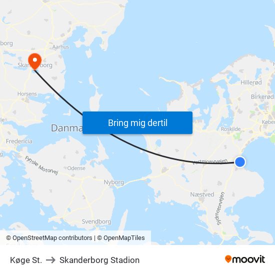 Køge St. to Skanderborg Stadion map