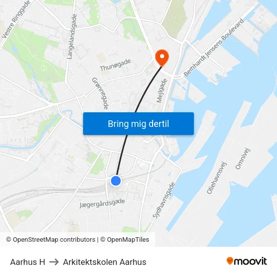 Aarhus H to Arkitektskolen Aarhus map