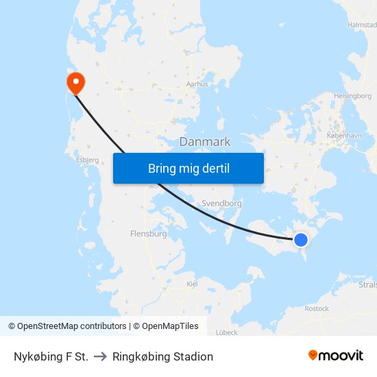 Nykøbing F St. to Ringkøbing Stadion map