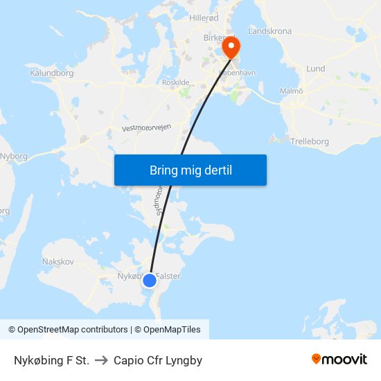 Nykøbing F St. to Capio Cfr Lyngby map