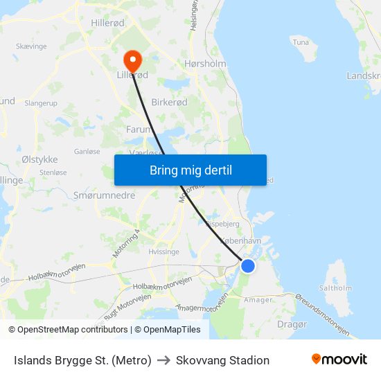 Islands Brygge St. (Metro) to Skovvang Stadion map