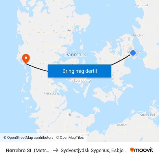 Nørrebro St. (Metro) to Sydvestjydsk Sygehus, Esbjerg map